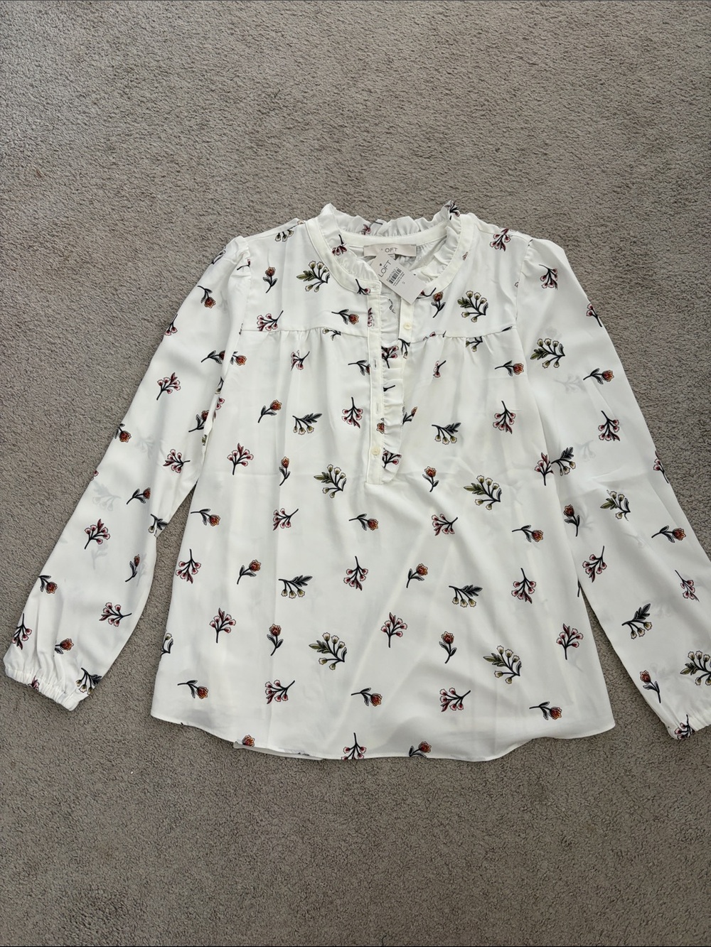 LOFT White Floral Button-Front Ruffle Blouse